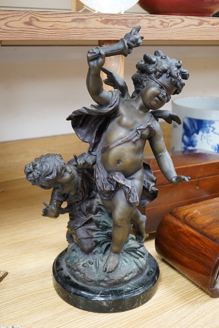 After Auguste Moreau (French, 1834-1917), Blindfolded Eros and Young Psyche, a bronze study, 45cm high